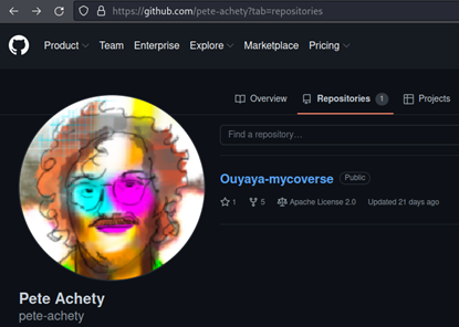 GitHub profile of Pete Achety, username pete-achety, with a single public repository named Ouyaya-mycoverse.