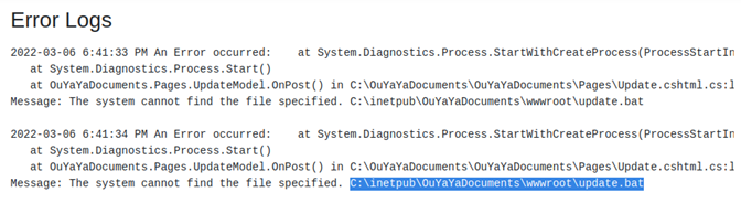 The portal’s Error Logs section, whose first entry names the path C:\inetpub\OuYayaDocuments\wwwroot\update.bat.