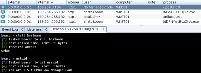 A Cobalt Strike session on WEB01, running as the web server account.