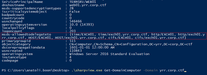 Domain host configuration showing constrained delegation set up from WEB01 to EXCH01.
