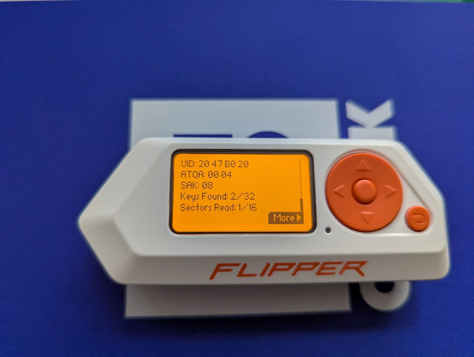 The Flipper Zero reporting a MIFARE Classic card and a partial read: 2 of 32 keys and 1 of 16 sectors.