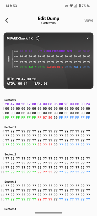 The card’s readable header information, which does not include the balance.