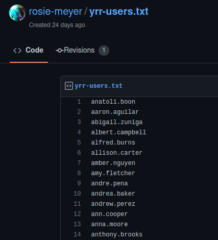 GitHub Gist yrr-users.txt owned by rosie-meyer, listing internal usernames one per line, beginning anatoli.boon, aaron.aguilar, abigail.zuniga.
