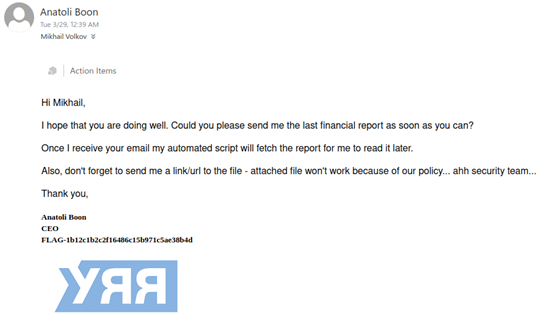 Email from Anatoli Boon to Mikhail Volkov asking for the financial report as a link rather than an attachment, because attachments are blocked by policy. The signature block carries the challenge flag.