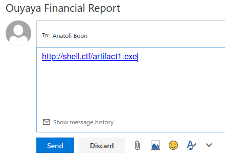 The reply sent to Anatoli Boon, containing a URL pointing at the Cobalt Strike payload hosted on shell.ctf.