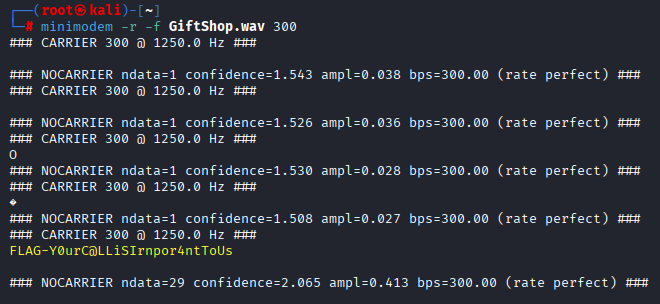 minimodem output decoding the recorded call, with the flag in the final CARRIER block.
