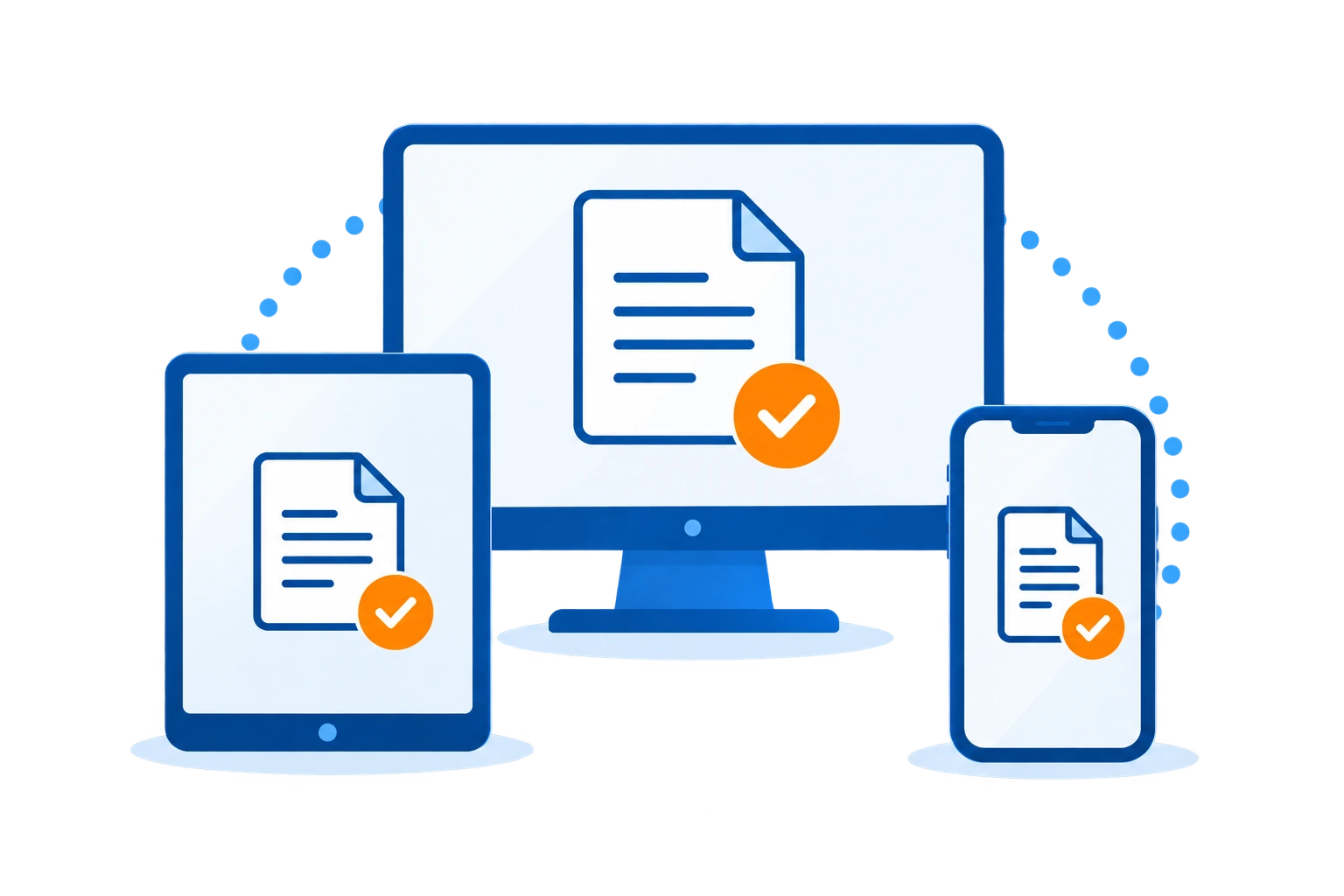 A desktop monitor, a tablet and a phone, each showing a document with an orange checkmark