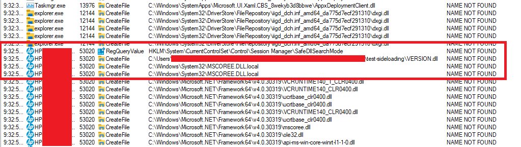 A Process Monitor capture showing a signed binary looking for a DLL that is not present.