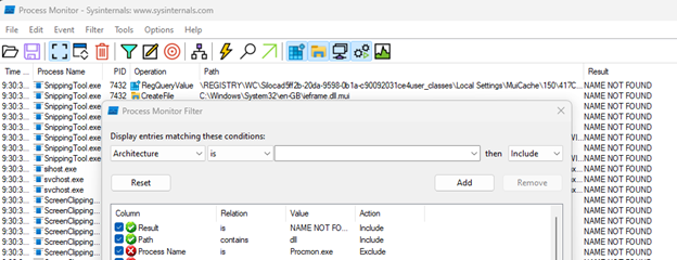 Process Monitor set up with filters to catch DLLs searched for in the application’s own directory.