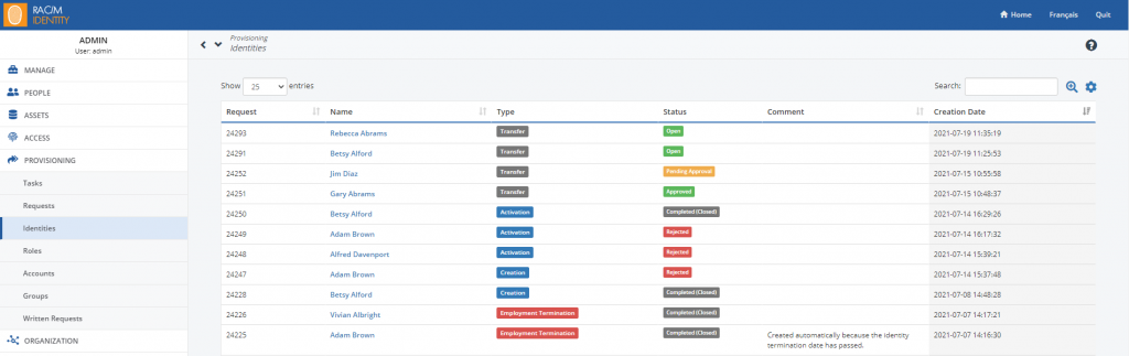 The Provisioning section of RAC/M Identity on its Identities tab: a table of provisioning requests, each with a request number, name, type such as transfer, activation, creation or employment termination, a status such as open, pending approval, approved, rejected or completed, a comment and a creation date.