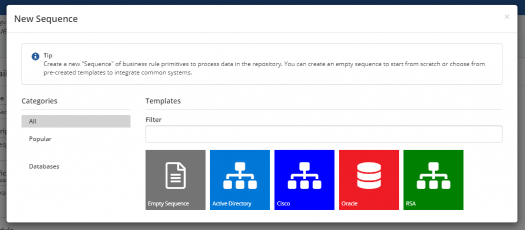 A New Sequence dialog offering an empty sequence beside pre-built templates for integrating common systems, shown as tiles for Active Directory, Cisco, Oracle and RSA, with categories and a filter box on the left.