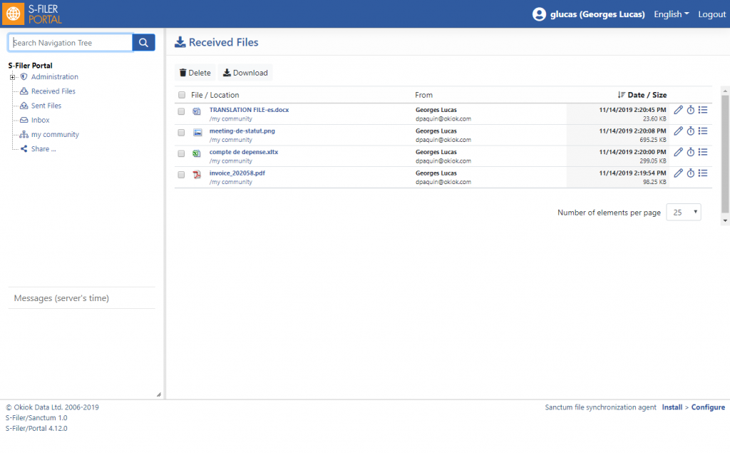 The Received Files screen: a navigation tree on the left, and a table of received files each with its location, who sent it, the date and its size, above Delete and Download buttons.