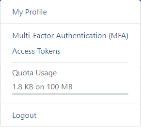 The user’s own profile menu, with a Quota Usage entry showing 1.8 KB of 100 MB and a progress bar, beneath the multi-factor authentication and access token links.