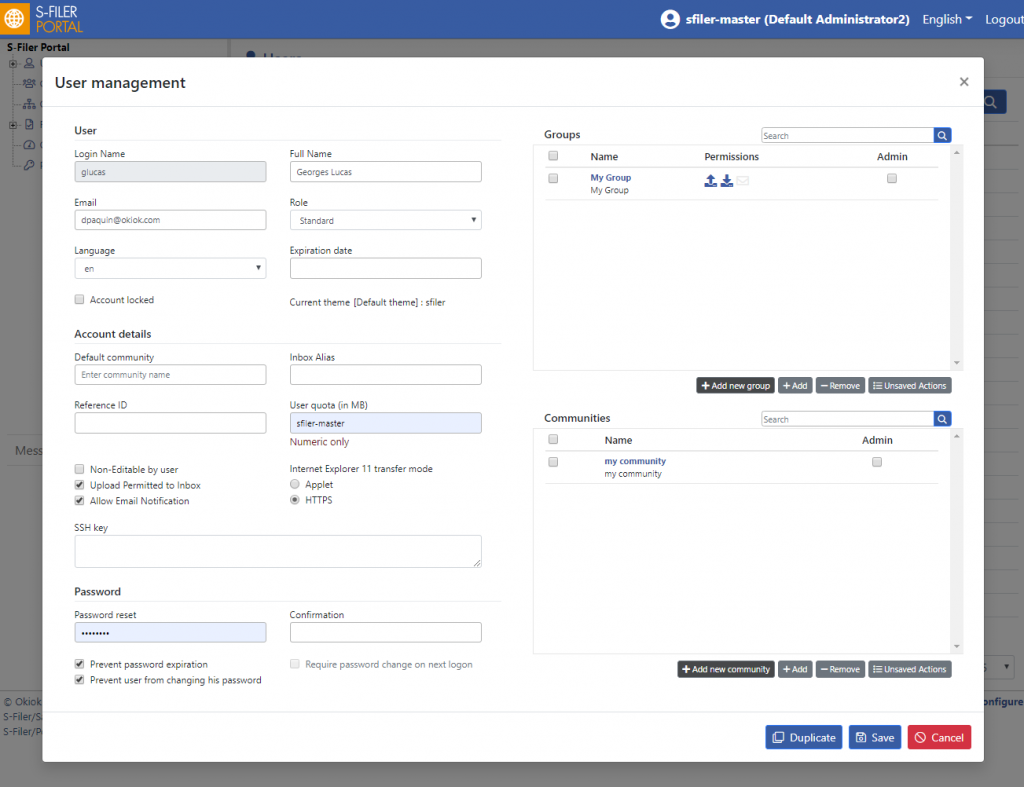 The User management dialog: the login name, full name, email, role, language and expiration on the left with account details, quota, transfer mode, SSH key and password settings below, and on the right the groups and communities the user belongs to, each with its own add and remove controls.