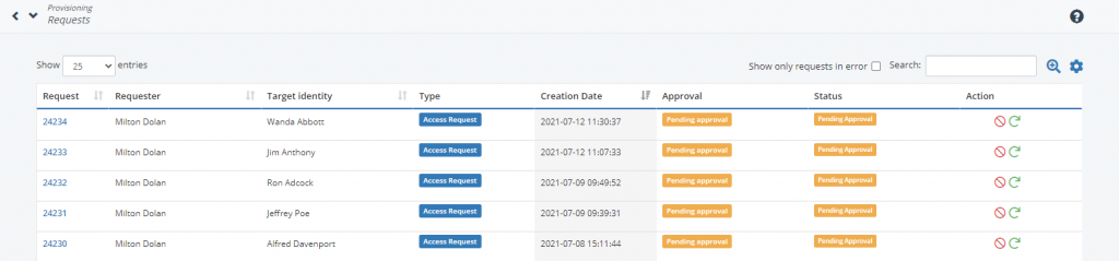 The Provisioning Requests list: one row per request with its number, requester, target identity, type, creation date, approval state and status, all pending approval here, with a tick-box for showing only requests in error.
