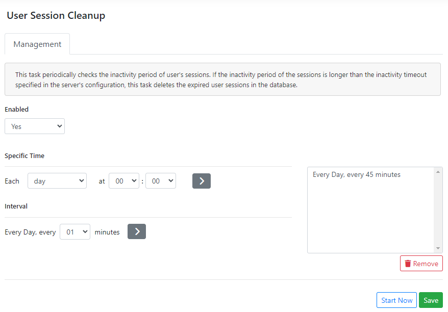 The scheduler entry for the user session cleanup task, which deletes expired sessions from the database: an enabled switch, a specific-time schedule, an interval schedule, and a panel listing the resulting schedule as every day, every 45 minutes.