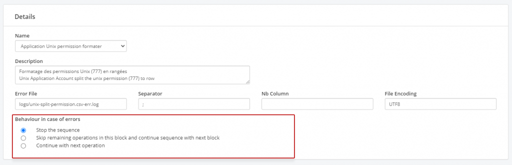 The details of a sequence operation, with the Behaviour in case of errors group outlined at the foot: stop the sequence, skip the remaining operations in this block and continue with the next block, or continue with the next operation.