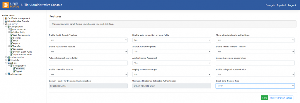 The Features panel of the S-Filer administrative console, a grid of switches for the multi-domain, quick send, HTTPS transfer and share-file features, login-field auto-completion, acknowledgment and licence agreement prompts, delegated authentication and its headers, and the quick send transfer type.