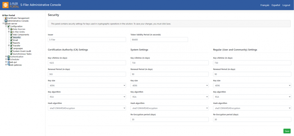 The Security panel of the S-Filer administrative console, holding the settings for keys used in cryptographic operations: an issuer and token validity period above three columns of key lifetime, renewal period, key size, key algorithm and hash algorithm, for the certification authority, the system, and regular users and communities.