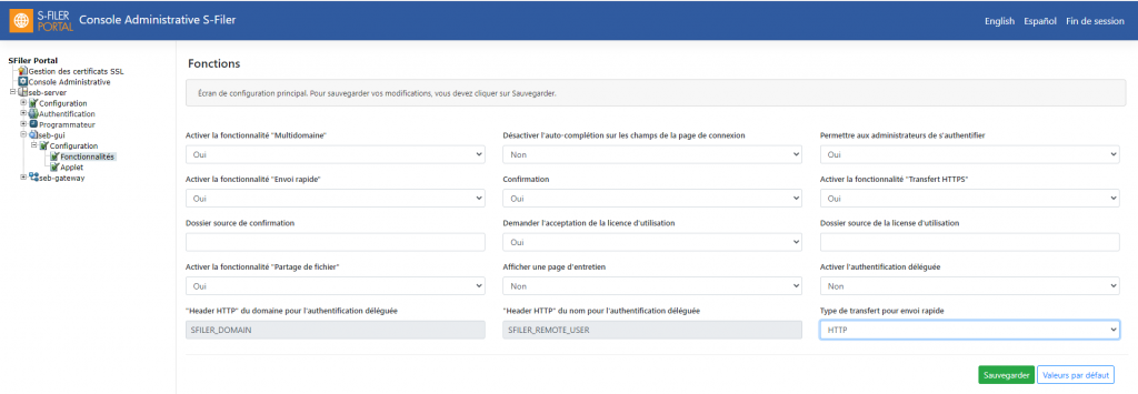 Le panneau des fonctionnalités de la console d’administration S-Filer, une grille d’interrupteurs pour les fonctions multidomaine, envoi rapide, transfert HTTPS et partage de fichiers, l’autocomplétion des champs de connexion, les demandes d’accusé de réception et d’acceptation de licence, l’authentification déléguée et ses en-têtes, et le type de transfert de l’envoi rapide.