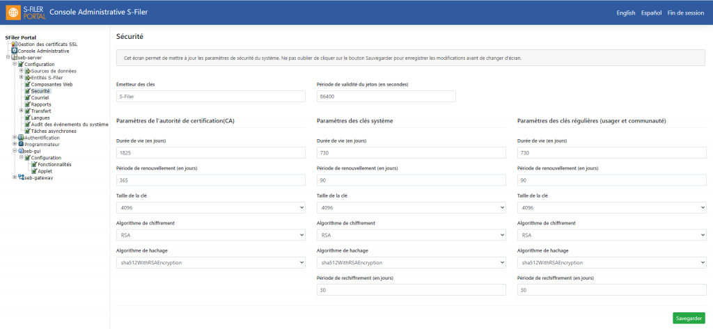 Le panneau de sécurité de la console d’administration S-Filer, qui contient les réglages des clés utilisées pour les opérations cryptographiques: un émetteur et une période de validité des jetons au-dessus de trois colonnes de durée de vie des clés, période de renouvellement, taille, algorithme de clé et algorithme de hachage, pour l’autorité de certification, le système, et les utilisateurs et communautés réguliers.