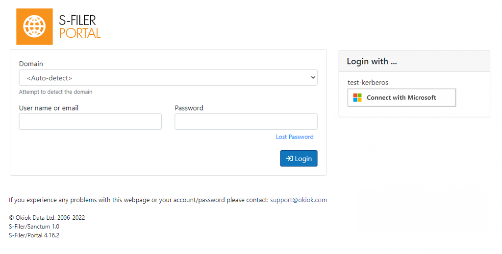 The S-Filer Portal sign-in page with a Login with panel on the right offering a Connect with Microsoft button, beside the usual domain, user name and password form.