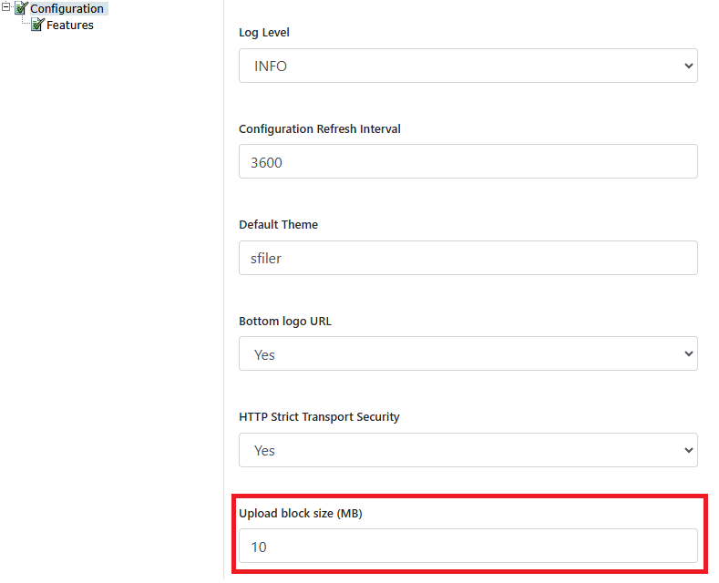 A configuration panel with the upload block size in megabytes outlined at the foot, below the log level, configuration refresh interval, default theme, bottom logo URL and HTTP Strict Transport Security settings.