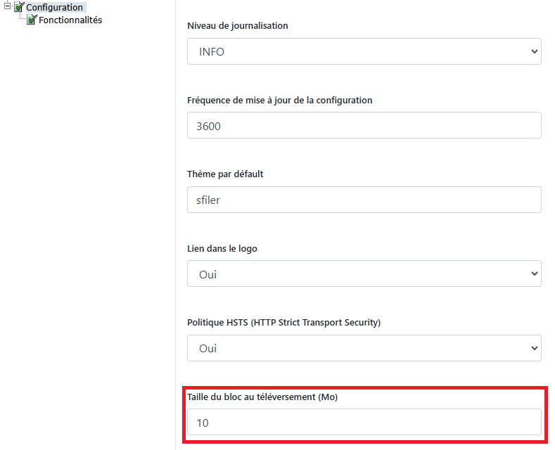 Un panneau de configuration où la taille des blocs de téléversement en mégaoctets est encadrée en bas, sous le niveau de journalisation, l’intervalle de rafraîchissement de la configuration, le thème par défaut, l’URL du logo du bas et le réglage HTTP Strict Transport Security.