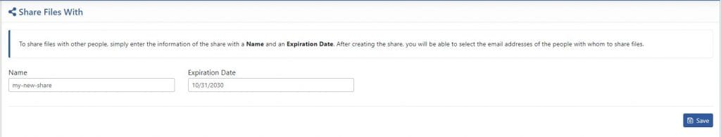 The Share Files With screen: a name and an expiration date are all that is needed to create a share, with a note that the people to share with are chosen afterwards.