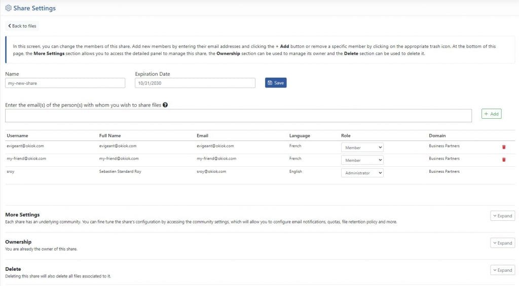 The Share Settings screen: the share’s name and expiration date, a box for adding members by email, the current members with their role and domain, and collapsed sections for more settings, ownership and deletion.