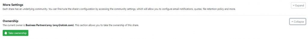 The Ownership section of a share’s settings expanded, naming the current owner and offering a Take ownership button.