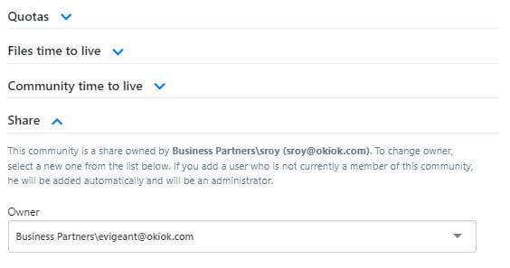 The underlying community’s settings, with collapsed sections for quotas, file time to live and community time to live, and the Share section expanded to show an owner list for transferring ownership, noting that a user added this way joins the community as an administrator.