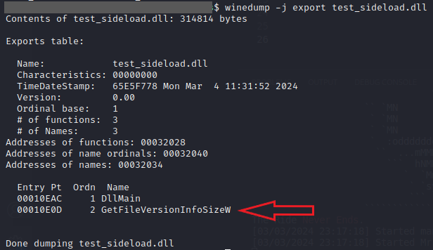 The compiled DLL’s export table, confirming the required function is exported.
