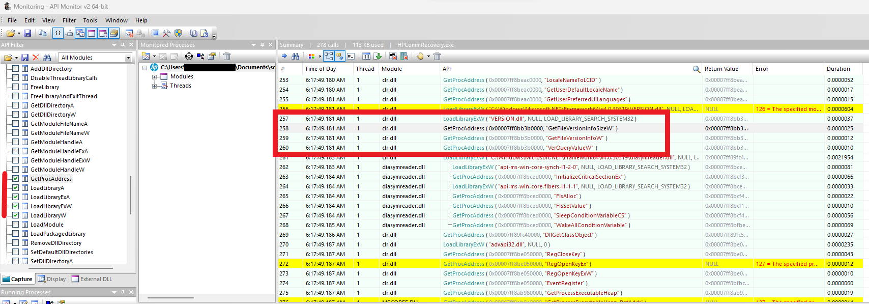 API Monitor showing the arguments the target passes to the exported function.