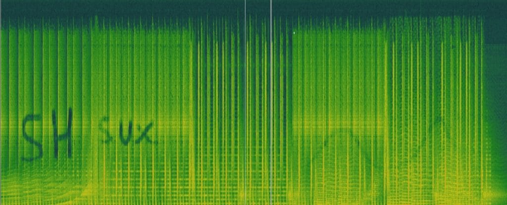 The spectrogram pane, with the text SH Sux visible in the frequency plot.