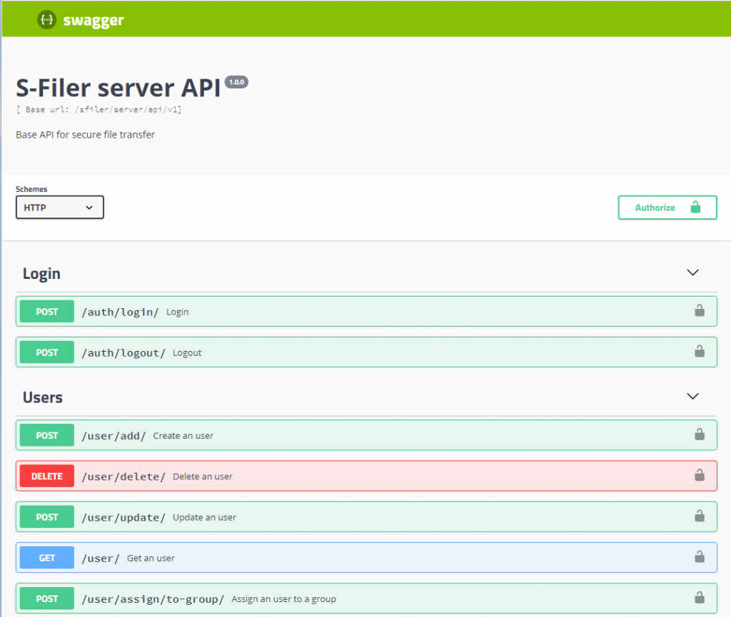 The S-Filer server API documented in Swagger: the base URL and an Authorize button above the Login group, with endpoints for signing in and out, and the Users group, with endpoints for creating, deleting, updating and reading a user and assigning one to a group.
