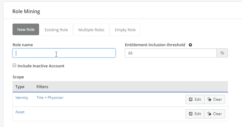 The same Role Mining screen with the entitlement inclusion threshold set to 66 per cent instead of 1, the rest of the form unchanged.