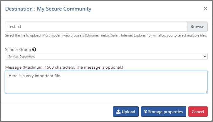 An upload dialog addressed to a community: a chosen file with a Browse button, a note that most browsers allow selecting several files, a sender group list, an optional message, and Upload, Storage properties and Cancel buttons.