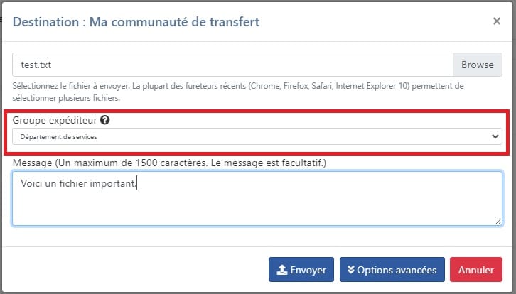 Une fenêtre de téléversement adressée à une communauté: un fichier choisi avec un bouton de navigation, une note indiquant que la plupart des navigateurs permettent d’en sélectionner plusieurs, une liste de groupes expéditeurs, un message facultatif, et des boutons de téléversement, de propriétés de stockage et d’annulation.