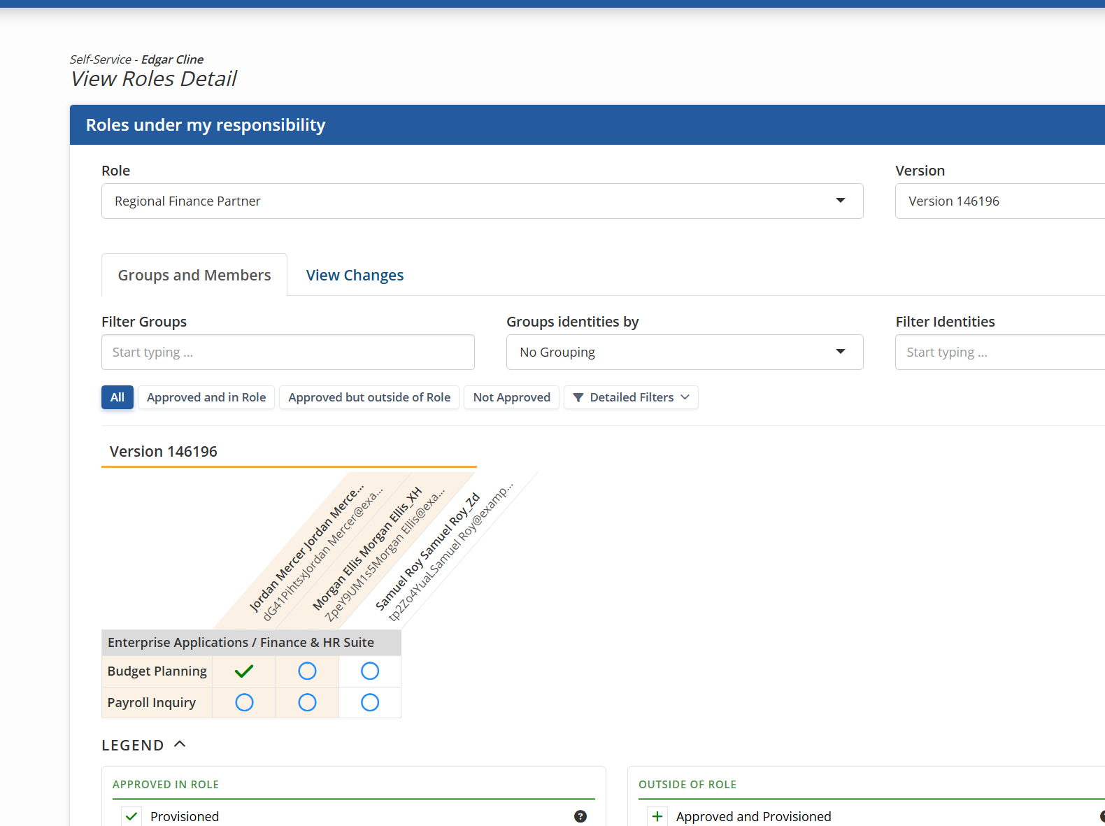 The self-service View Roles Detail screen on its Groups and Members tab: a role and version are chosen at the top, then a matrix of that version’s members against the role’s groups, with the same approval and provisioning legend beneath.