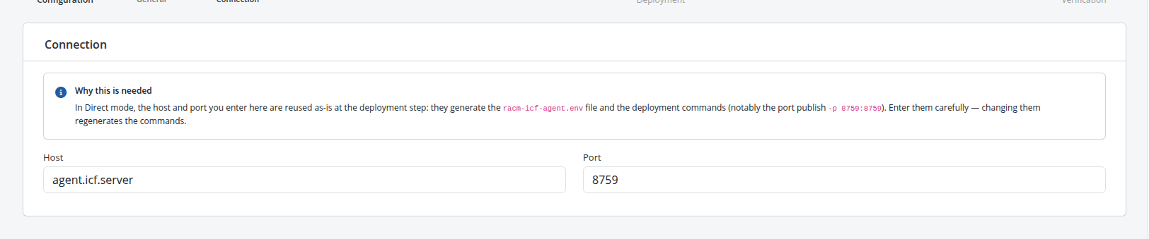 Connection sub-step (Direct) — Host, Port and the "Why this is needed" note