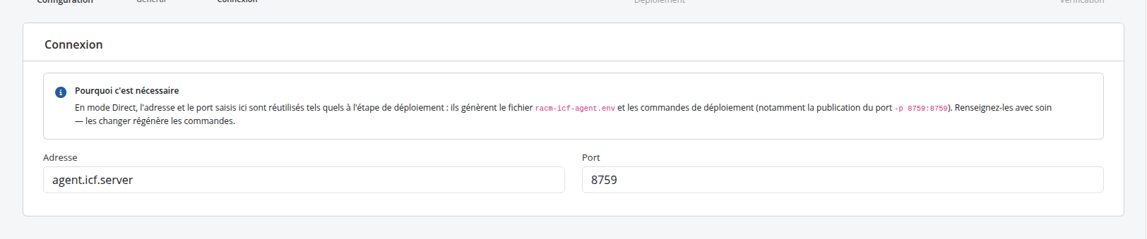 Sous-étape Connexion (Direct) — Adresse, Port et la note « Pourquoi c’est nécessaire »