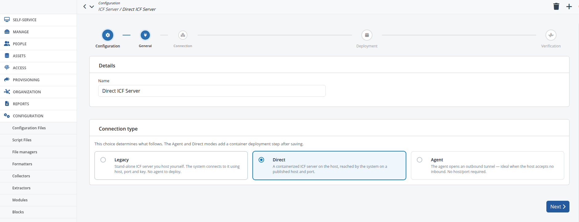 The configuration wizard — the General sub-step, with the progress bar and the Connection type cards (Direct selected)