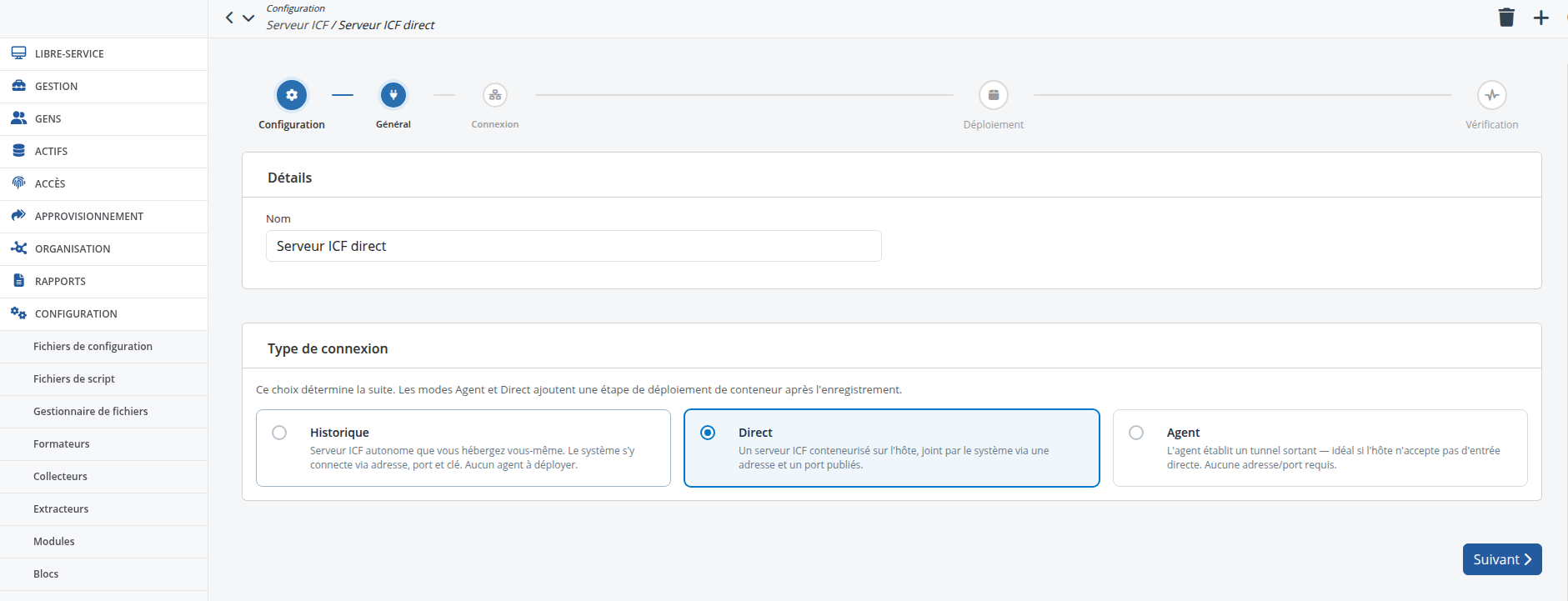 L’assistant de configuration — la sous-étape Général, avec la barre de progression et les cartes de Type de connexion (Direct sélectionné)