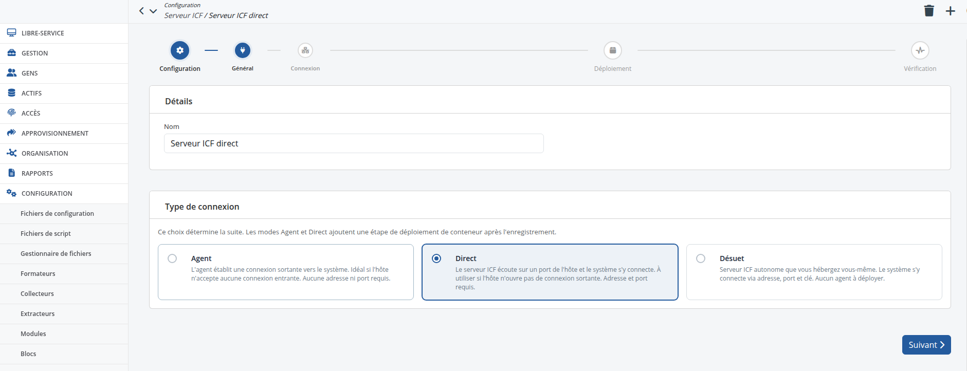 L’assistant de configuration — la sous-étape Général, avec la barre de progression et les cartes de Type de connexion (Direct sélectionné)