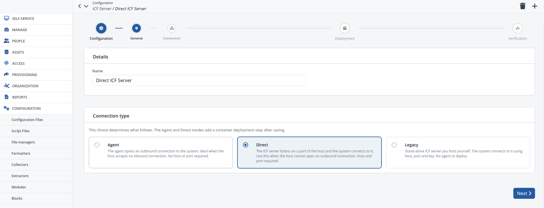The configuration wizard — the General sub-step, with the progress bar and the Connection type cards (Direct selected)