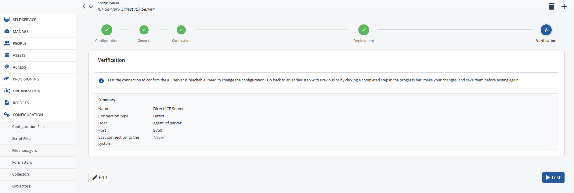 The Verification step — Summary card and Test button