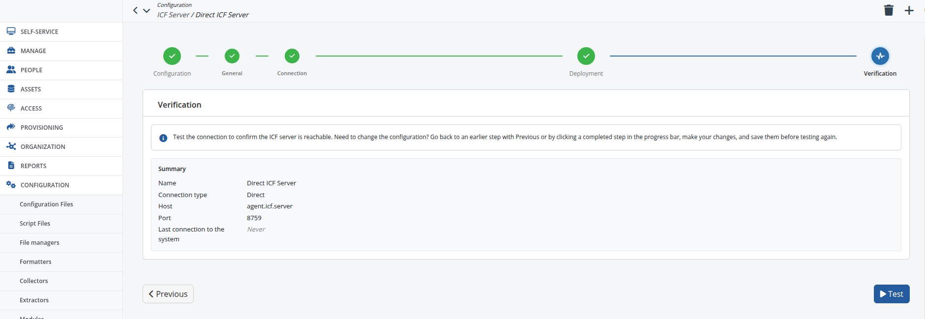 The Verification step — Summary card and Test button